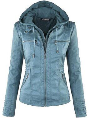 Women's Sky Blue Hooded Faux Leather Long Sleeve Zipper Motorcycle Jacket